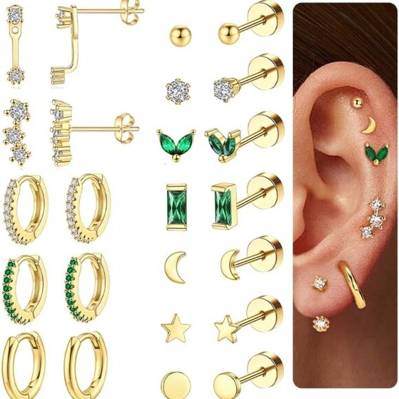 Dainty Gold Flat Back Hypoallergenic Cartilage Earring Sets for Multiple Piercin - Picture 1 of 6